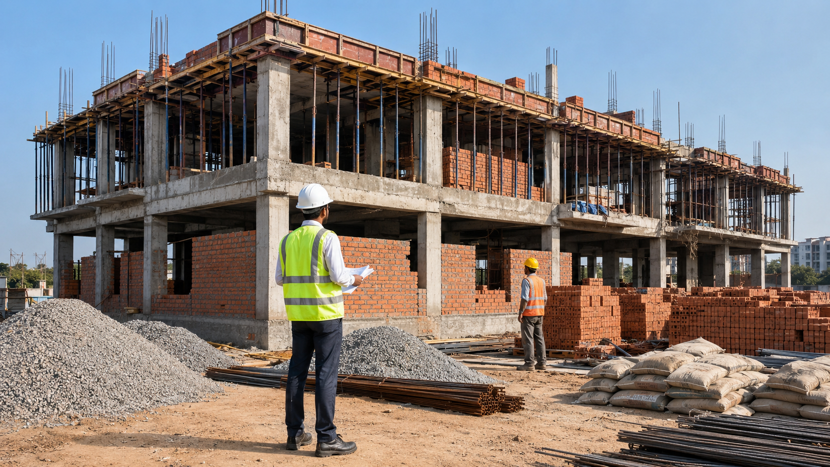 Site engineer monitoring building construction work in Chennai
